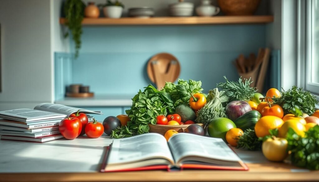 a cozy, minimalist kitchen with light blue accents and wooden textures. Placed on the countertop, an assortment of fresh, vibrant produce from a local farmers market - colorful vegetables, ripe fruits, and fragrant herbs. Neatly arranged alongside them are stacks of recipe books, open to pages showcasing tempting no-heat lunch ideas. The scene is bathed in soft, natural lighting that highlights the quality and freshness of the ingredients, conveying a sense of expertise and wholesome simplicity. The overall atmosphere is one of culinary inspiration and a commitment to incorporating the best of seasonal, locally-sourced fare.