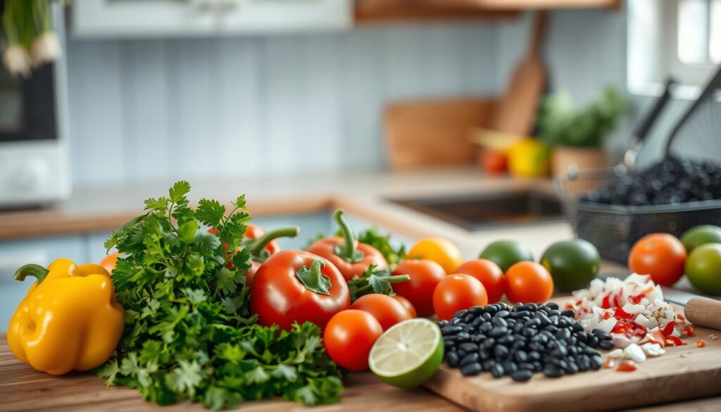 a cozy, minimalist kitchen with light blue accents, wooden textures, and natural lighting. On the countertop, an assortment of fresh Latin American ingredients: vibrant bell peppers, juicy tomatoes, fragrant cilantro, and earthy black beans. Nearby, a cutting board with finely chopped onions, garlic, and limes. The scene evokes the zest and flavors of Latin American cuisine, ready to be transformed into a nourishing meal prep. The kitchen exudes a warm, inviting atmosphere, hinting at the satisfying and wholesome dishes to come.