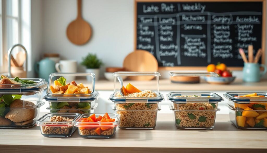a cozy, minimalist kitchen with light wooden textures and soft blue accents. on the countertop, various meal prep containers filled with healthy, balanced meals - grilled chicken, roasted vegetables, quinoa, and fresh fruit. in the background, a chalkboard wall displays a weekly meal plan and prep schedule. the lighting is warm and natural, creating a calming, organized atmosphere to inspire effective meal prep strategies for work late shifts.