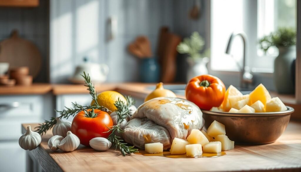 a cozy, minimalist kitchen with warm wooden accents and light blue details. On the wooden countertop, an assortment of essential pan dinner ingredients is artfully arranged: fresh rosemary, garlic cloves, a ripe tomato, a lemon, a boneless chicken thigh, diced potatoes, and a drizzle of olive oil. Soft, natural lighting illuminates the scene, casting gentle shadows and highlighting the texture of the ingredients. The atmosphere is calm and inviting, setting the stage for a delicious and effortless pan-cooked meal.