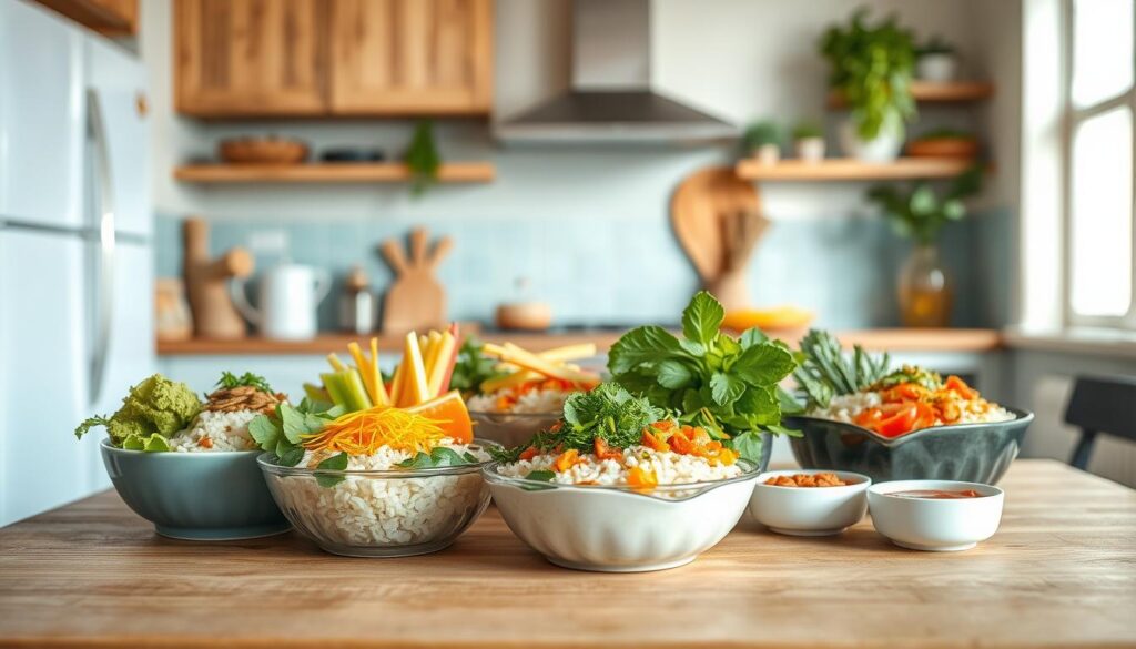 a cozy, minimalist kitchen with warm wooden textures and light blue accents, a collection of creative rice bowl ideas arranged neatly on a wooden table, featuring a variety of fresh vegetables, aromatic herbs, crunchy toppings, and a selection of flavorful sauces, all bathed in soft, natural lighting that enhances the vibrant colors and textures, capturing the essence of balanced, healthy office meal prep