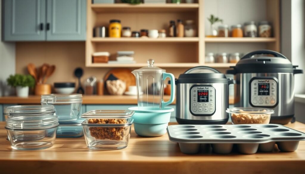 a cozy, minimalist kitchen with warm wooden textures and light blue accents, featuring an assortment of meal prep equipment neatly arranged on a wooden countertop. In the foreground, a selection of glass meal prep containers, food scales, and silicone muffin trays. In the middle ground, a high-quality blender, a slow cooker, and an instant pot. In the background, open shelves displaying various spices, herbs, and other pantry essentials. The lighting is soft and diffused, creating a calming, inviting atmosphere. The overall composition emphasizes organization, efficiency, and a thoughtful approach to meal planning and preparation.