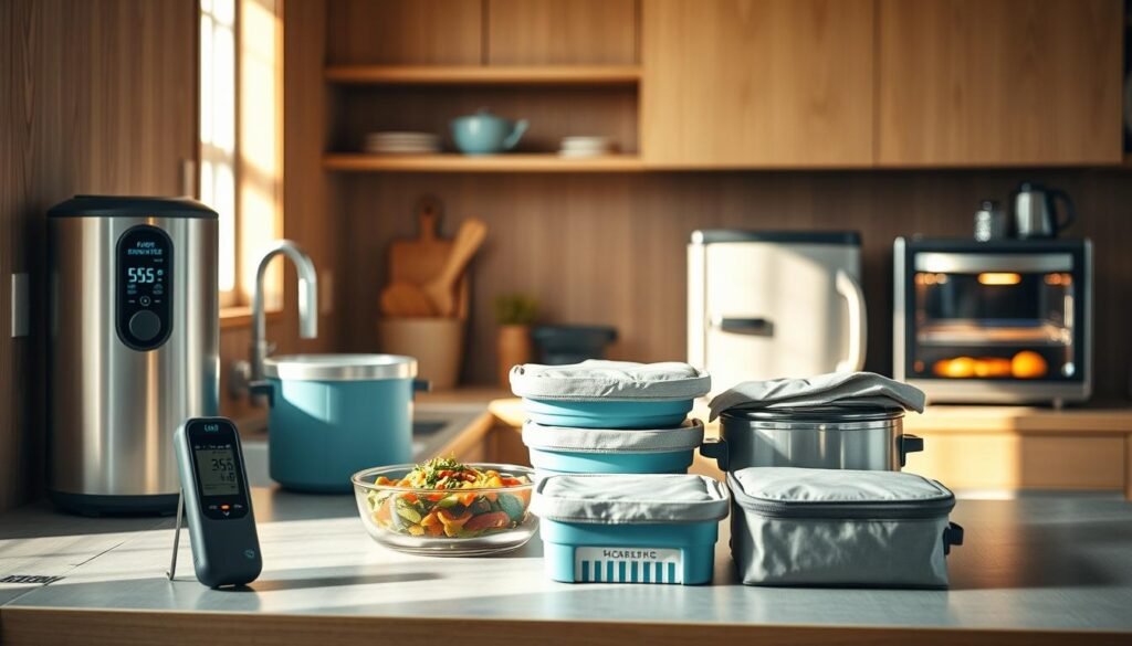 a cozy, minimalist kitchen with warm wooden textures and light blue accents, featuring various meal preparation and storage solutions to maintain optimal food temperatures. In the foreground, a digital food thermometer precisely measures the internal temperature of a dish, while a set of insulated containers and bags for transporting meals are neatly organized on the counter. In the middle ground, a sous vide machine and a slow cooker operate silently, their digital displays indicating the ideal cooking and holding temperatures. In the background, a small refrigerator and a countertop convection oven stand ready to keep ingredients and prepared meals at the perfect serving temperature. The soft, natural lighting and clean, uncluttered design create a calming atmosphere conducive to thoughtful meal preparation and food safety.