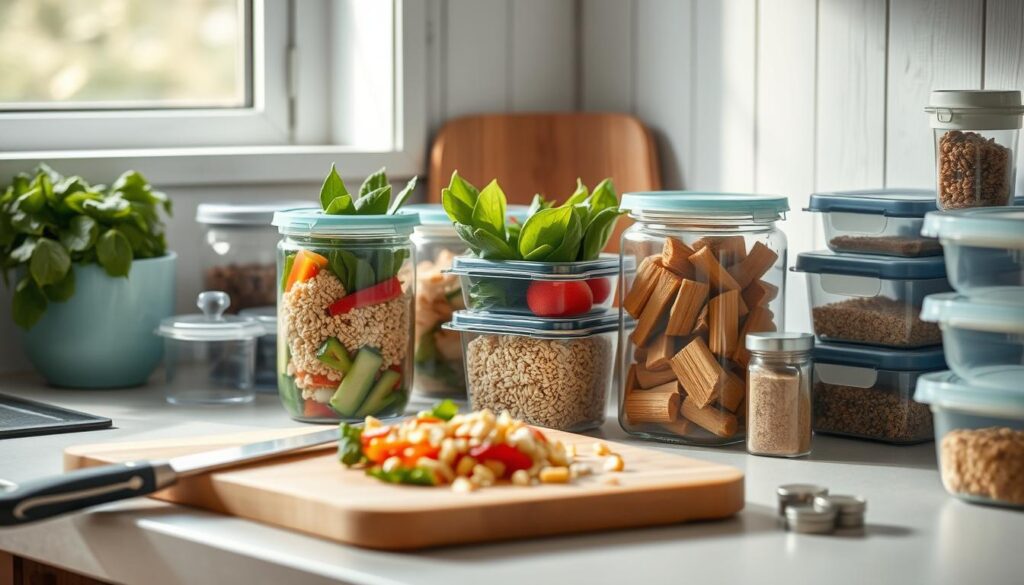 a cozy, minimalist kitchen with warm wooden textures and light blue accents, showcasing a variety of budget-friendly meal prep solutions, including glass containers filled with fresh vegetables, grains, and lean proteins, along with a cutting board with chopped ingredients, a simple spice rack, and a stack of reusable storage containers, all bathed in soft, natural lighting, creating a calm and inspiring atmosphere for efficient, cost-effective meal preparation.