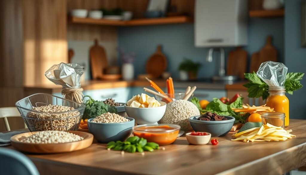 a cozy, minimalist kitchen with warm wooden textures and light blue accents, showcasing an assortment of flexible meal plan components - various grains, proteins, vegetables, and sauces artfully arranged on a wooden table, creating a visually appealing and inspiring scene for meal planning. The lighting is soft and natural, gently illuminating the scene and highlighting the textures and colors of the ingredients. The angle is a slightly elevated, three-quarter view, allowing the viewer to take in the full spread of meal options without any distracting elements or hands in the frame.