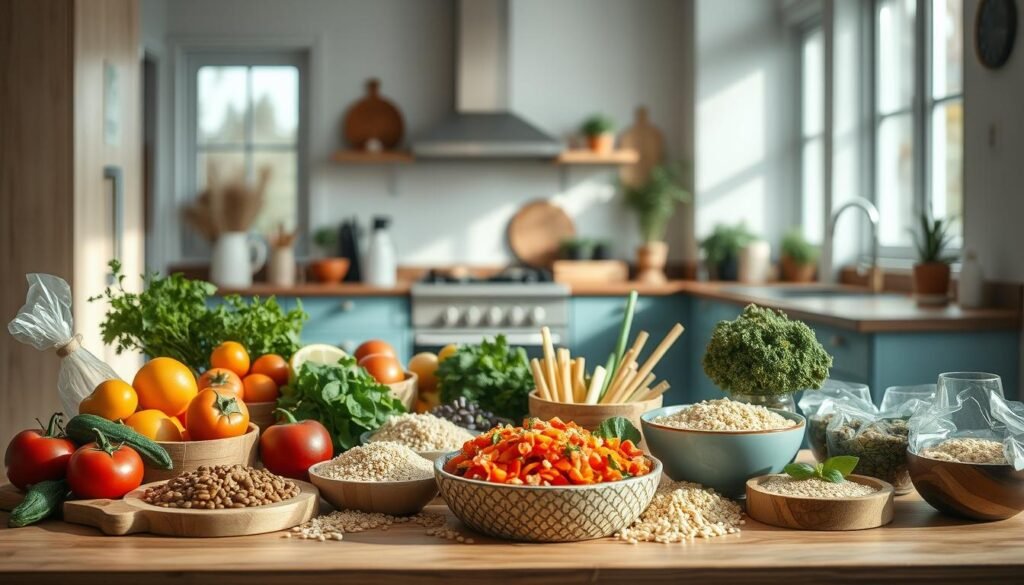 a cozy, minimalist kitchen with warm wooden textures and light blue accents showcasing an assortment of nutritious grain bowl ingredients - colorful vegetables, protein-rich toppings, and a variety of whole grains, all arranged in an inviting display to highlight the balanced nutrition and health benefits of a well-designed grain bowl; the scene is lit by natural light streaming in through large windows, creating a soft, comforting atmosphere that emphasizes the nourishing qualities of this wholesome, homemade meal