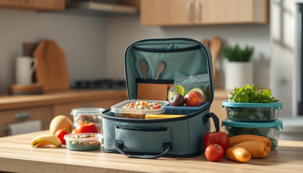 a cozy, minimalist kitchen with warm wooden textures and light blue accents. An open lunchbox sits on the counter, surrounded by neatly packed containers, fresh produce, and reusable utensils. The lunchbox is illuminated by soft, natural lighting that highlights the efficient organization of the contents. The scene conveys a sense of intentionality and care in preparing a nutritious and well-balanced cold lunch, with a focus on maximizing the available space within the lunchbox.