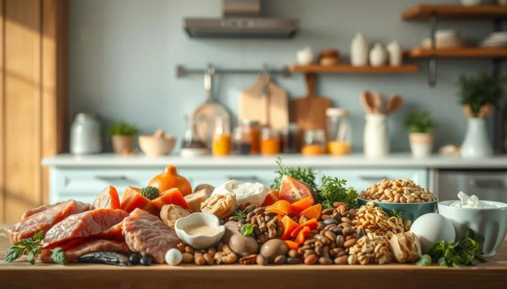 a cozy, minimalist kitchen with warm wooden textures and light blue accents. in the foreground, an assortment of diverse protein sources arranged artfully - lean meats, fish, eggs, legumes, nuts, and seeds. the middle ground features various cooking utensils, jars, and spices, suggesting the preparation of a healthy, high-protein meal. the background is softly blurred, creating a sense of focus on the bounty of nutritious options. the lighting is soft and natural, casting gentle shadows and highlighting the vibrant colors of the ingredients. the overall atmosphere is calm, inviting, and conducive to mindful meal prepping for afternoon energy.