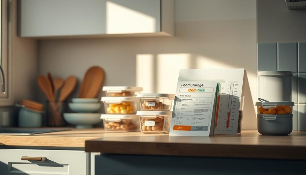 a cozy, minimalist kitchen with warm wooden textures and light blue accents. on the counter, there is a clean, neatly arranged display of food storage guidelines, including airtight containers, labels, and temperature charts. the lighting is soft and natural, casting a gentle glow over the scene. the overall mood is one of calm organization and attention to food safety practices.