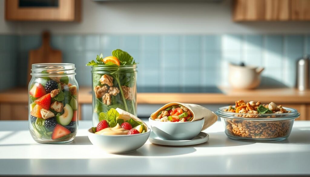 a cozy, minimalist kitchen with warm wooden textures, light blue accents, and no hands visible. On the counter, an assortment of creative cold lunch ideas neatly arranged - a refreshing salad in a glass jar, a fruit and nut trail mix in a small bowl, a vibrant veggie wrap with a creamy dipping sauce, and a colorful grain-based dish in a shallow container. Soft, natural lighting illuminates the scene, casting gentle shadows and highlighting the textures and colors of the nutritious, no-reheat meals. The overall atmosphere is one of simplicity, healthfulness, and inspiration for packing a delightful cold lunch.