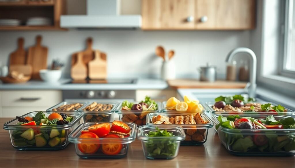 a cozy, minimalist kitchen with warm wooden textures, soft light blue accents, and no visible hands. In the foreground, neatly arranged containers filled with various meal components - roasted vegetables, grilled proteins, and fresh salads. The countertop is adorned with simple cooking utensils, a cutting board, and a few glass jars containing dry ingredients. Soft, natural lighting filters through the window, casting a gentle glow over the organized meal prep setup. The overall atmosphere is calm, efficient, and inspiring, conveying a sense of intentionality and proven strategies for planning ahead delicious, nutritious leftovers for lunches.