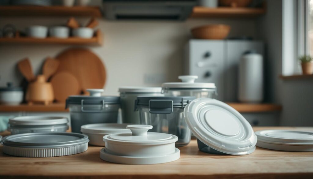 a cozy, minimalist kitchen with wooden textures and light blue accents, a variety of container lids and seals arranged on a wooden surface, capturing the details of their different shapes, materials, and sealing mechanisms, photographed from an angle that highlights their functionality and seamless integration into a organized meal prep setup, the lighting is soft and even, creating a warm, inviting atmosphere that complements the simple, practical nature of the scene