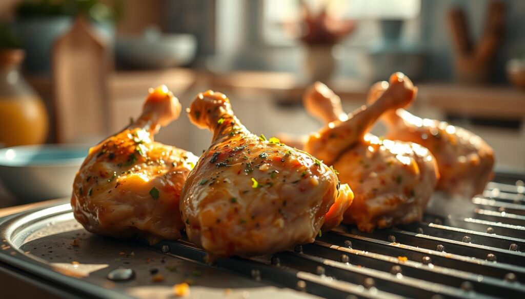 a cozy, minimalist kitchen with wooden textures and light blue accents, capturing a close-up view of freshly marinated chicken drumsticks and thighs, seasoned with a blend of herbs, spices, and a hint of citrus, ready to be grilled over hot charcoal, casting soft shadows and creating a mouthwatering, high-protein meal prep scene, with no hands visible