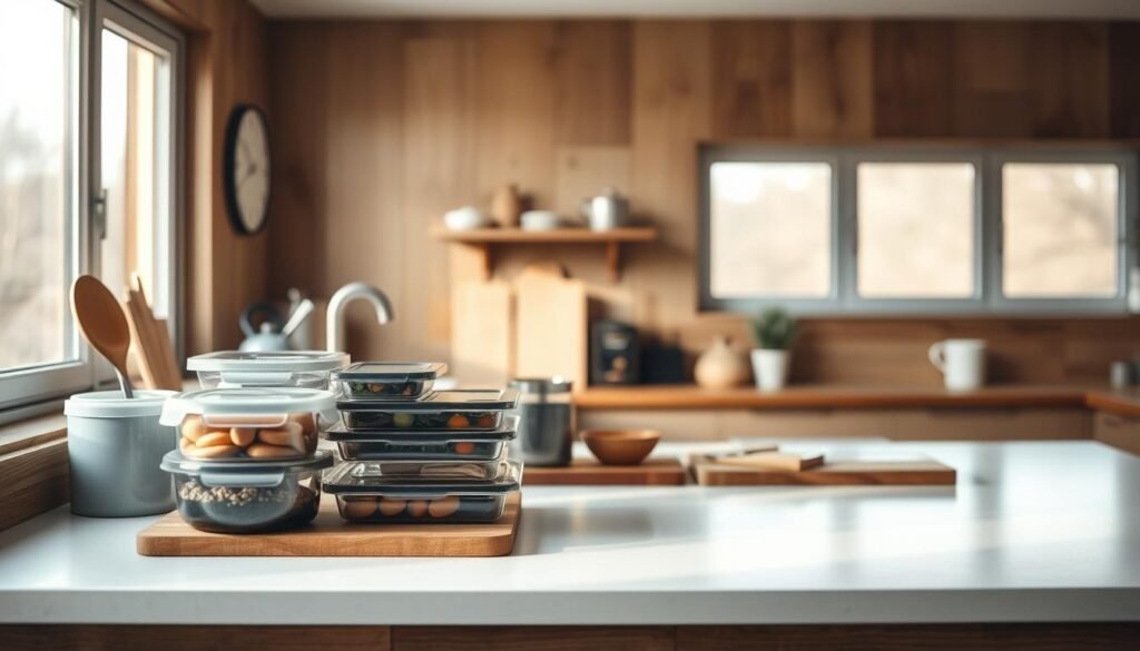 a cozy, minimalist kitchen with wooden textures and light blue accents, showcasing a neatly organized meal prep station. Various meal prep containers, cutting boards, and kitchen utensils are arranged on a clean, uncluttered countertop, bathed in soft, natural lighting from large windows. The scene conveys a sense of order and efficiency, creating a practical yet visually appealing space for preparing healthy office meals.
