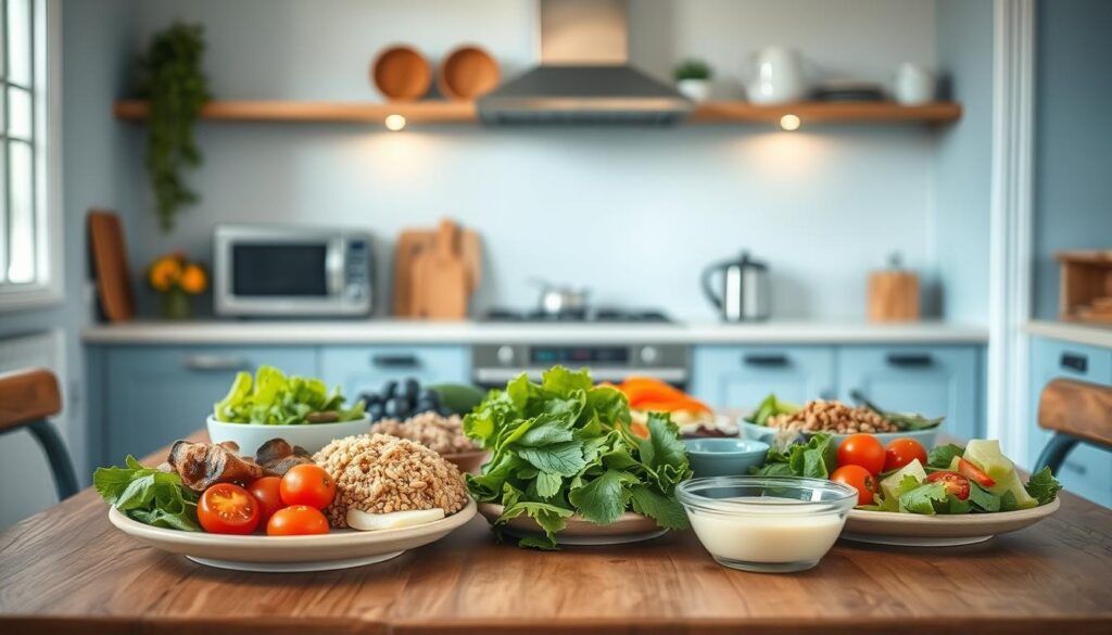a cozy, minimalist kitchen with wooden textures and light blue accents, showcasing a variety of quick, gluten-free lunch ideas arranged neatly on a wooden table. Fresh vegetables, whole grains, lean proteins, and flavorful dressings are featured, capturing the essence of a healthy, satisfying office lunch. The lighting is soft and natural, creating a warm, inviting atmosphere that encourages mindful meal preparation. The camera angle is slightly elevated, providing a comprehensive view of the spread while maintaining a clean, uncluttered composition.