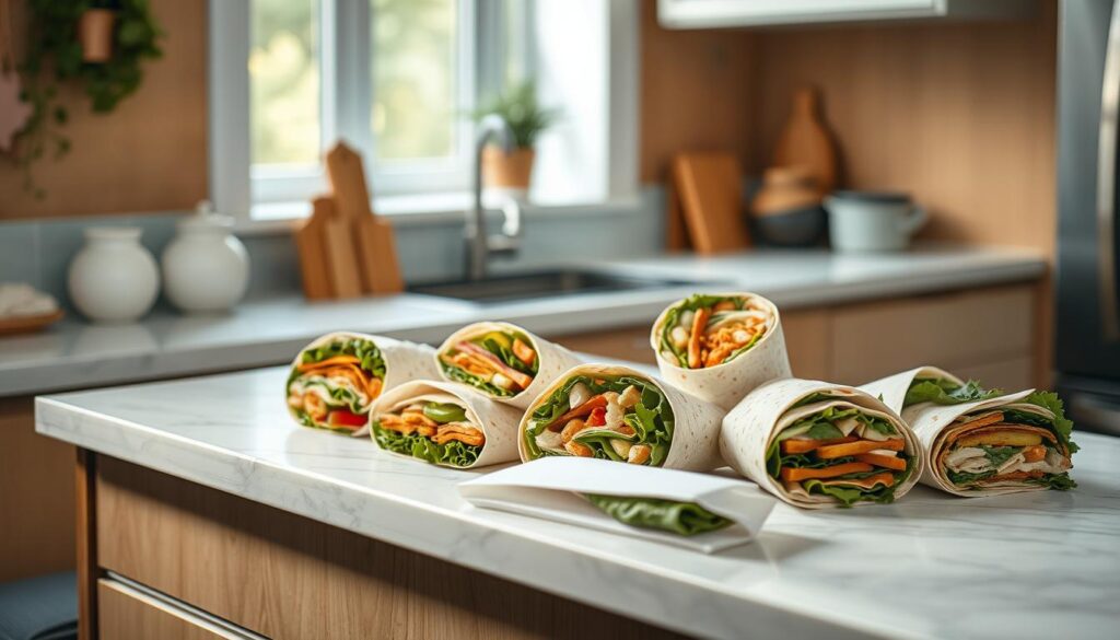 a cozy, minimalist kitchen with wooden textures and light blue accents, showcasing an assortment of meal prep sandwiches, wraps, and rolls neatly arranged on a white marble countertop. The sandwiches are made with a variety of healthy fillings such as roasted vegetables, lean proteins, and fresh greens, wrapped in whole grain tortillas or artisanal breads. The lighting is soft and natural, highlighting the vibrant colors and textures of the prepared meals, creating a visually appealing and appetizing scene that captures the essence of "Prepable Sandwiches, Wraps, and Rolls for Busy Days".