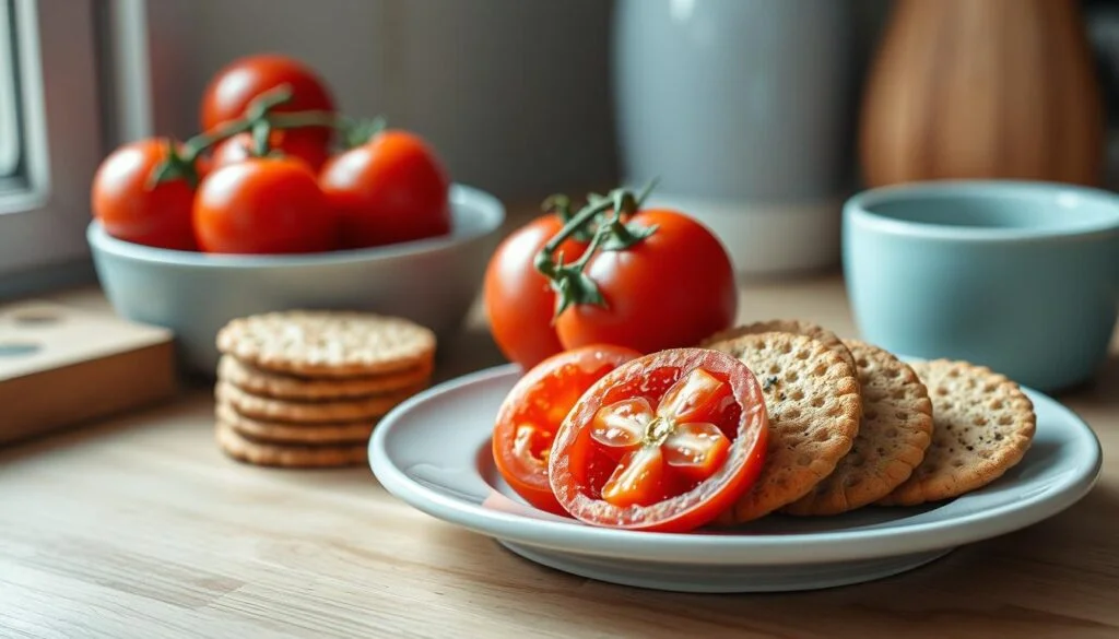 a cozy, minimalist kitchen with wooden textures and light blue accents. A plate of ripe, juicy tomatoes sits alongside a stack of artisanal crackers, their surfaces textured and dusted with flavorful spices. The lighting is soft and natural, casting a warm glow over the scene. The composition is balanced, with the tomatoes and crackers taking center stage, hinting at the delicious flavors to come. This image evokes a sense of simplicity, freshness, and the joy of assembling a tasty, no-heat lunchbox meal.