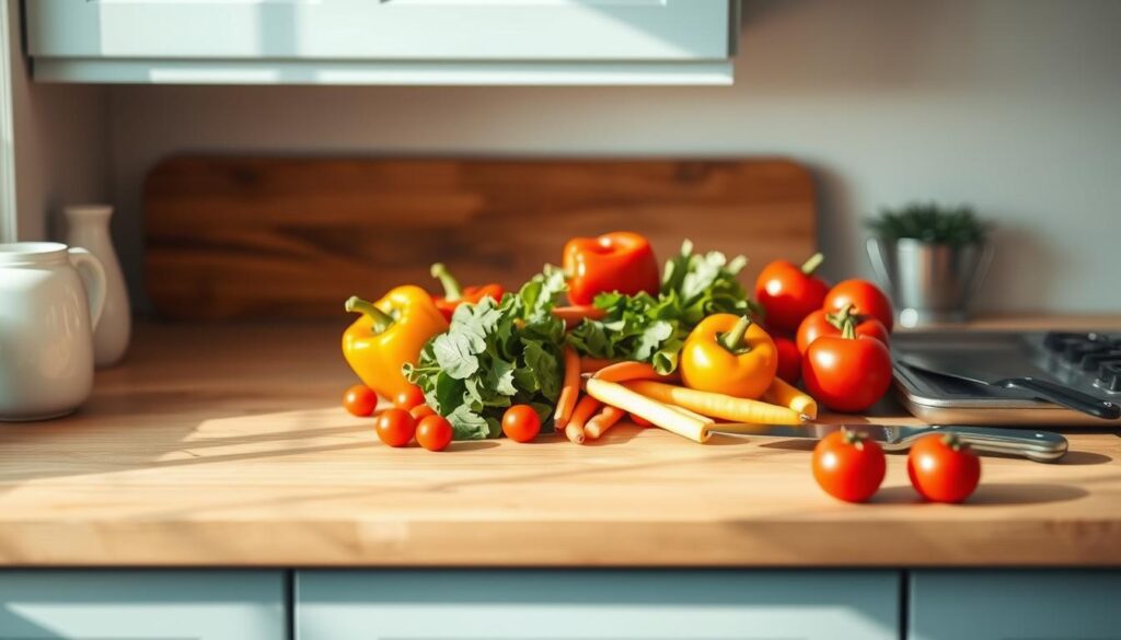a cozy, minimalist kitchen with wooden textures and light blue accents. On a clean, uncluttered countertop, a variety of fresh, seasonal vegetables are neatly arranged, including brightly colored peppers, crisp greens, and plump tomatoes. Beside them, a few simple cooking tools like a chef's knife and a sturdy baking sheet suggest time-saving roasting tips. The scene is bathed in warm, natural light, creating a serene and inviting atmosphere that reflects the healthy, flavorful focus of the 