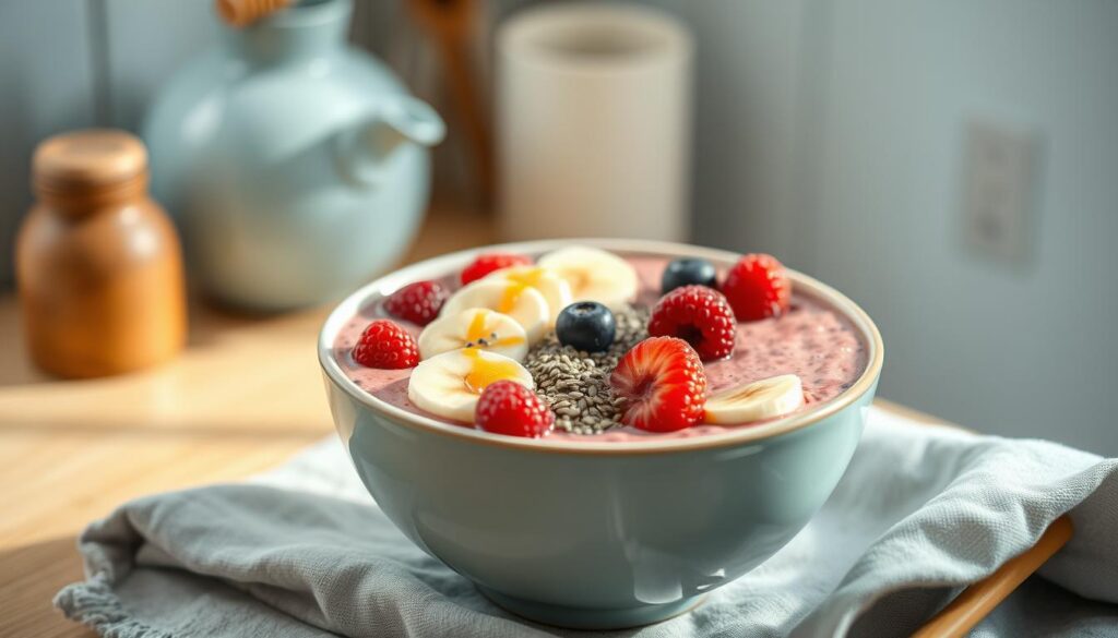 a delectable low sugar smoothie bowl in a cozy, minimal kitchen setting with warm, wooden textures and light blue accents. the bowl is filled with a vibrant, fruit-based smoothie, topped with fresh berries, sliced banana, chia seeds, and a drizzle of honey. the smoothie has a velvety, creamy consistency and a rich, natural sweetness. the lighting is soft and diffused, creating a calming, inviting atmosphere. the scene is captured from a slightly elevated angle, allowing the viewer to appreciate the well-balanced composition and the harmony of flavors and textures.
