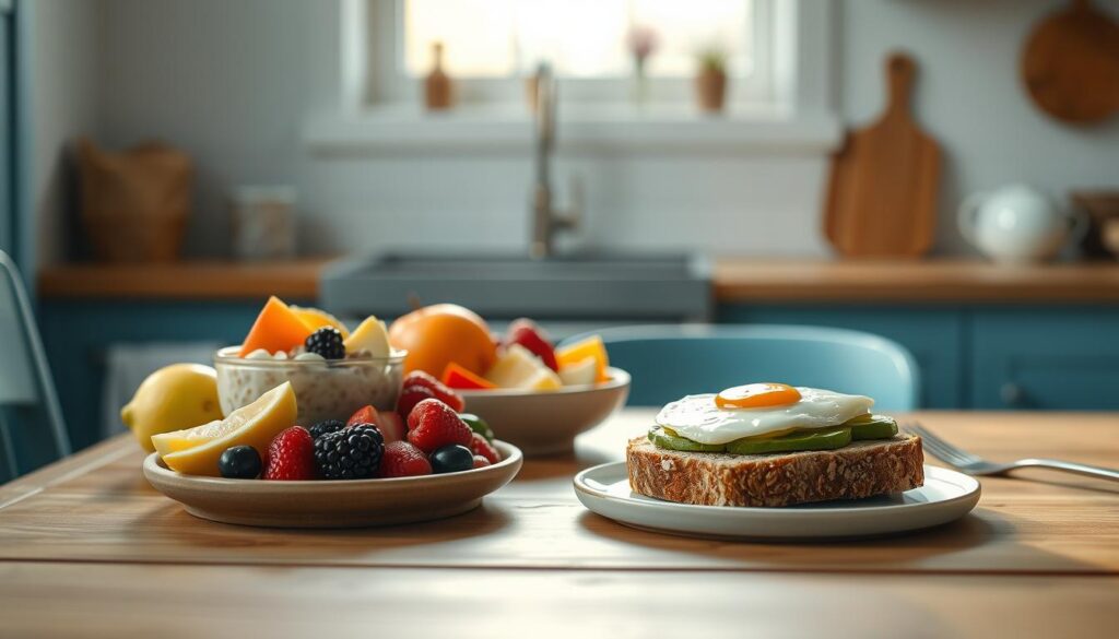 a delightful and nourishing low-sugar breakfast laid out on a wooden table in a cozy, minimal kitchen with light blue accents. In the foreground, an array of fresh fruits, such as sliced apples, berries, and citrus, alongside a bowl of overnight oats with a drizzle of honey. In the middle ground, a crisp slice of whole-grain toast topped with avocado and a boiled egg. The background features a clean, window-lit space with natural textures, creating a calm and inviting atmosphere. Warm, natural lighting from the side casts gentle shadows, highlighting the vibrant colors and wholesome ingredients. The overall scene exudes a sense of sustained energy and nourishment, perfectly suited for a college student's morning routine.