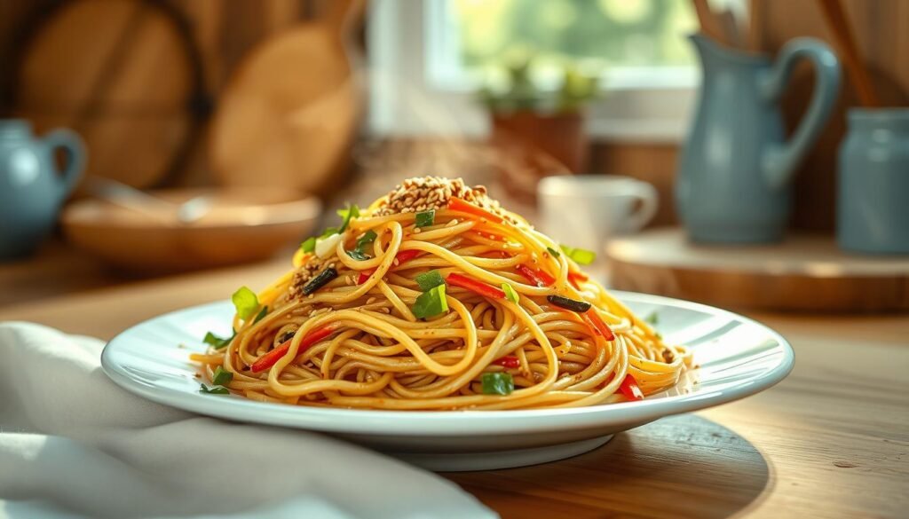 a delightful and nutritious sesame noodle dish in a cozy, minimal kitchen with wooden textures and light blue accents. steaming hot noodles tossed in a rich, nutty sesame dressing, garnished with crisp vegetables, crunchy sesame seeds, and a drizzle of sesame oil. the scene is bathed in warm, natural lighting, creating a inviting and appetizing atmosphere. the noodles are arranged artfully on a simple white plate, showcasing their vibrant colors and textures. the overall composition highlights the dish's healthful qualities and dietary benefits.