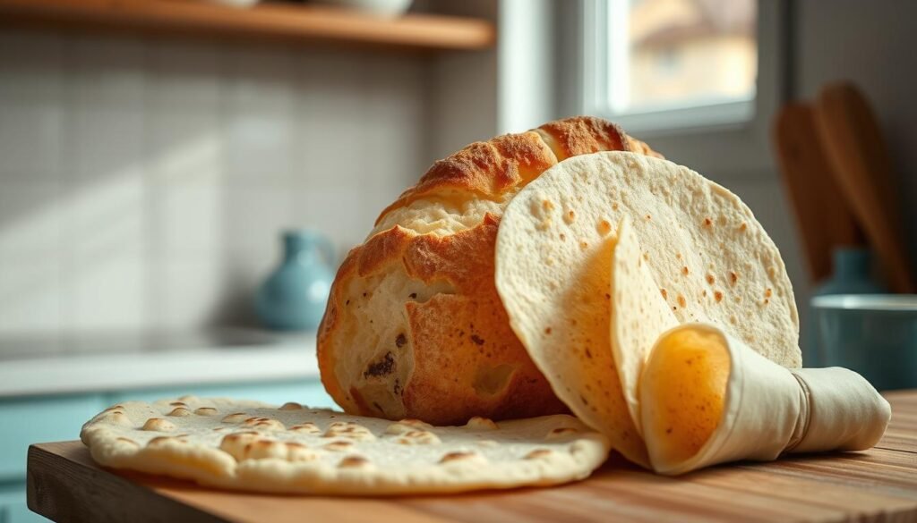a detailed comparison of freshly baked lavash bread and flour tortillas against a neutral background, lit by soft natural light from a window, showcasing their distinct textures, colors, and sizes, captured at a slight diagonal angle to create visual interest, in a cozy, minimal kitchen with wooden textures and light blue accents, no hands visible