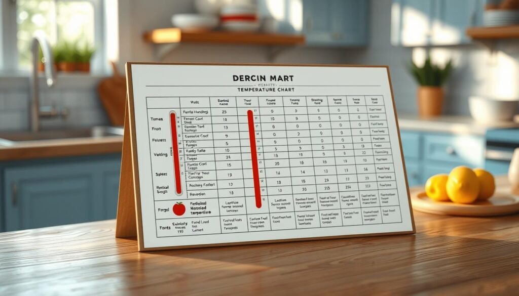 a detailed, high-quality digital illustration of a food safety temperature chart, displayed on a wooden kitchen table with light blue accents. The chart is meticulously rendered, showing temperature ranges and safe food handling guidelines in a clear, organized manner. The scene has a warm, inviting atmosphere, with soft natural lighting filtering through a window, casting gentle shadows and highlights on the chart and table surface. The overall composition emphasizes the importance of this essential kitchen reference, providing a visually appealing and informative representation of meal prep food safety considerations.