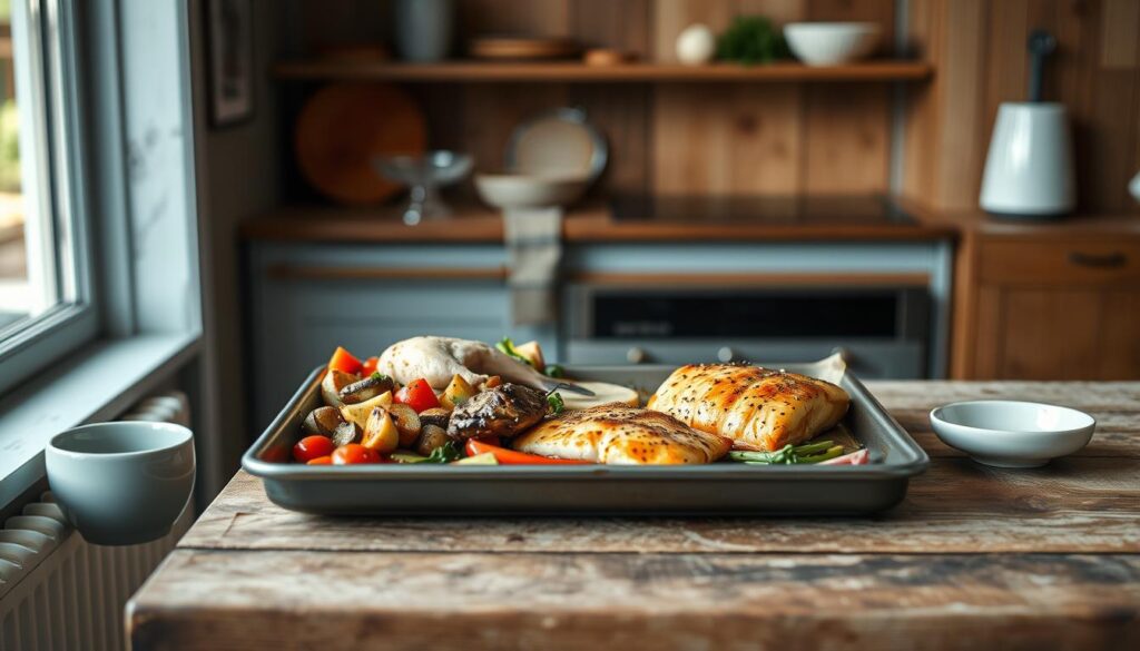 a detailed, high-quality image of a sheet pan cooking techniques in a cozy, minimal kitchen environment with wooden textures and light blue accents. the sheet pan is placed on a rustic wooden table, showcasing various cooking techniques such as roasting vegetables, baking chicken, and broiling salmon fillets. the pan is filled with a variety of colorful, fresh ingredients, and the lighting is soft and natural, creating a warm and inviting atmosphere. the camera angle is slightly elevated, providing a clear view of the cooking process. there are no distracting elements, and the focus is solely on the sheet pan and the cooking techniques displayed.