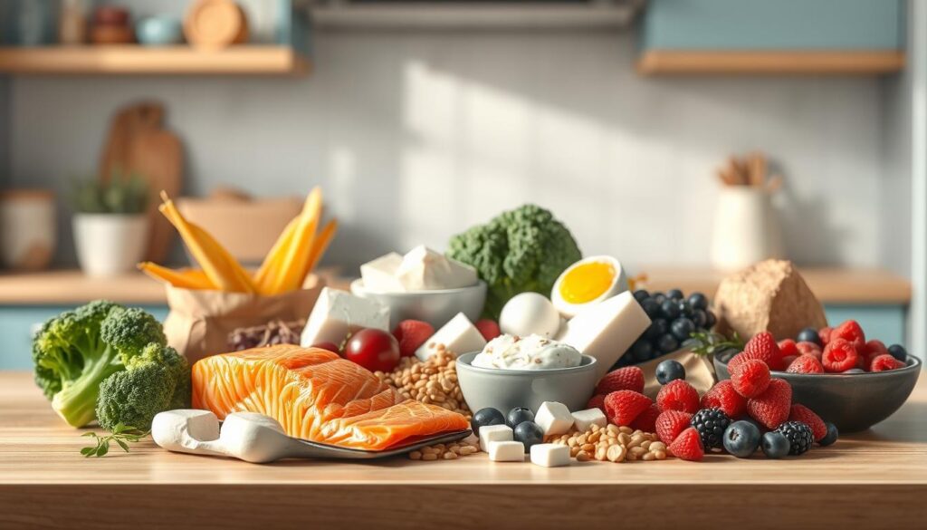 a detailed, minimalist illustration showcasing the harmonious pairing of protein-rich and high-fiber foods on a wooden kitchen counter with soft blue accents. In the foreground, various protein sources like salmon, eggs, and tofu are neatly arranged alongside complementary high-fiber ingredients such as broccoli, lentils, and berries. The middle ground features a clean, uncluttered presentation with subtle shadows and natural lighting, emphasizing the nutrient-dense composition. The background subtly hints at a cozy, warm kitchen atmosphere with hints of wooden textures and gentle blue hues, creating an inviting and appetizing scene.