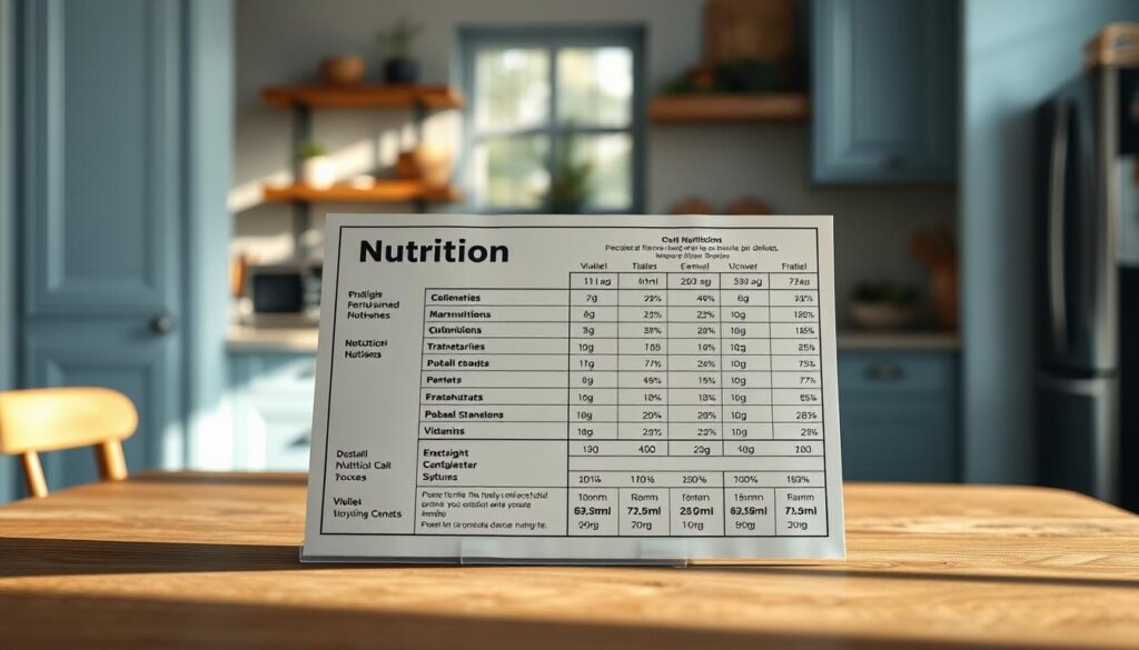 a detailed nutrition facts analysis chart displayed on a wooden table in a cozy, minimal kitchen environment with light blue accents, natural lighting creating soft shadows, clean and informative layout with focus on macronutrients, vitamins, and minerals, precise data visualization with minimal clutter, the chart appears crisp and professional, conveying a sense of healthy living and informed decision making