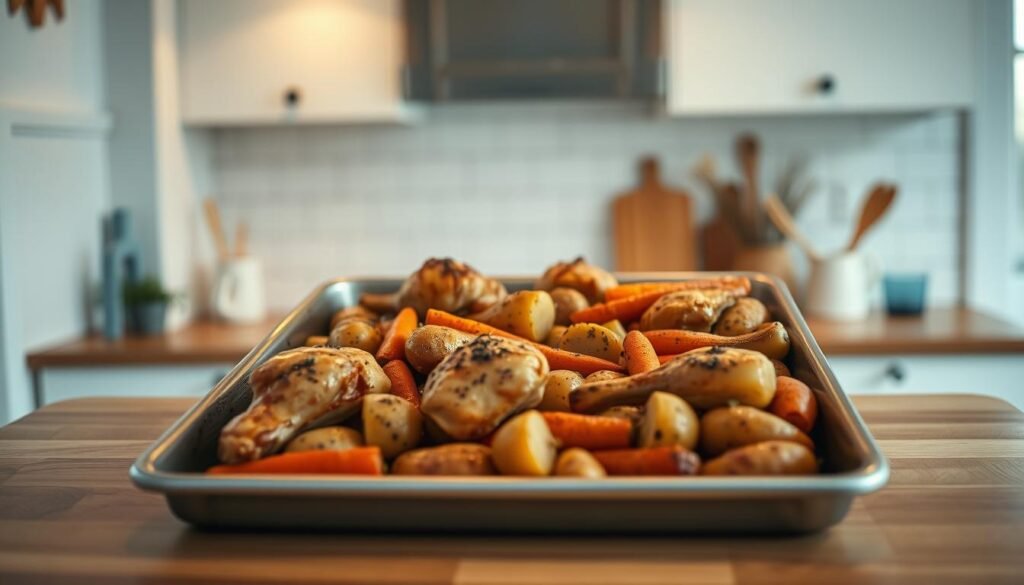 a high-quality, detailed image of classic sheet pan chicken in a cozy, minimal kitchen with wooden textures and light blue accents, with no hands visible. The sheet pan is center frame, filled with golden-brown chicken thighs, carrots, and potatoes, roasted to perfection under warm, even lighting from an overhead source. The background features simple white wall tiles, a wood-topped counter, and a subtle hint of a window in the distance, creating a peaceful, homely atmosphere. The overall composition highlights the delicious, rustic appeal of this classic one-pan meal.