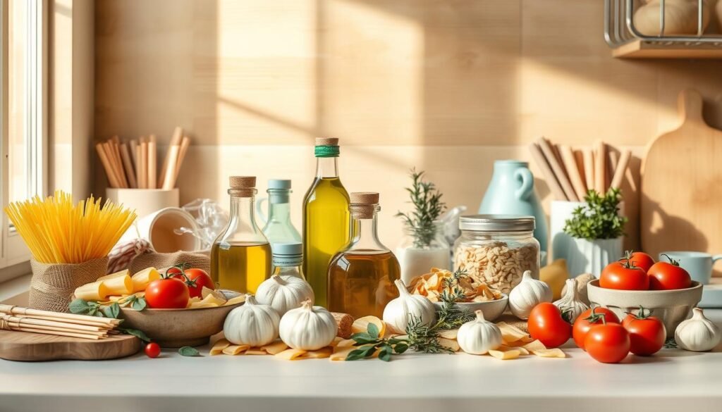 a high-quality, detailed still life photograph of a variety of essential pantry staples for pasta, artfully arranged in a cozy, minimalist kitchen with warm wooden textures and light blue accents. The scene is evenly lit from the side, creating soft shadows and highlights that emphasize the shapes and colors of the ingredients. The pasta, olive oil, garlic, tomatoes, herbs, and other key elements are positioned thoughtfully, creating a visually appealing and appetizing composition. The overall mood is calm, inviting, and focused on the core essentials for preparing delicious pasta dishes.