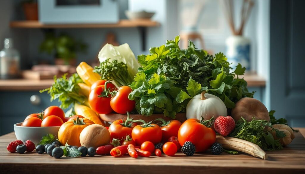 a masterfully composed still life of fresh, locally sourced farmers market ingredients, artfully arranged in a cozy, minimal kitchen with warm wooden textures and light blue accents. The scene features an assortment of vibrant, seasonal produce - ripe tomatoes, crisp leafy greens, plump berries, and more - beautifully lit by soft, natural light that filters in through a nearby window. The composition is clean and uncluttered, allowing the quality and freshness of the ingredients to take center stage. An overall sense of rustic simplicity and culinary inspiration permeates the scene, inviting the viewer to imagine the delicious, seasonal dishes that could be crafted from these premium, locally grown treasures.