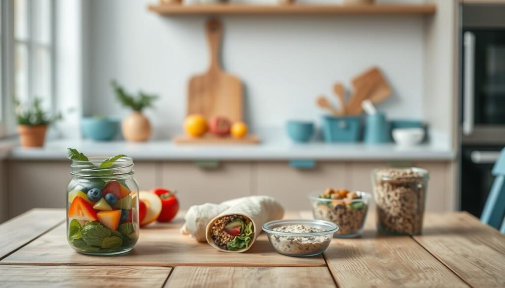 a minimalist and cozy kitchen setting with light wooden textures, soft blue accents, and no human hands visible. In the foreground, an assortment of no-reheat lunch items are neatly arranged on a rustic wooden table, including a mason jar salad, a colorful fruit kabob, a whole-grain wrap, and a small container of overnight oats. The middle ground features a simple meal prep station with reusable containers, a cutting board, and a few fresh ingredients. The background is blurred, creating a tranquil atmosphere that evokes a sense of effortless, healthy eating. The lighting is soft and natural, illuminating the scene with a warm, inviting glow.