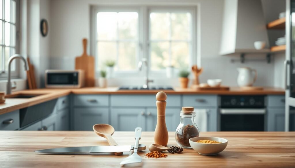 a minimalist and well-organized kitchen interior with wooden countertops and light blue accents, featuring an artful arrangement of essential cooking tools and utensils in the foreground, including a sharp chef's knife, a wooden spoon, a silicone spatula, a garlic press, and a small bowl of whole spices, all bathed in soft, diffused natural lighting from a large window, creating a serene and inviting atmosphere for meal preparation