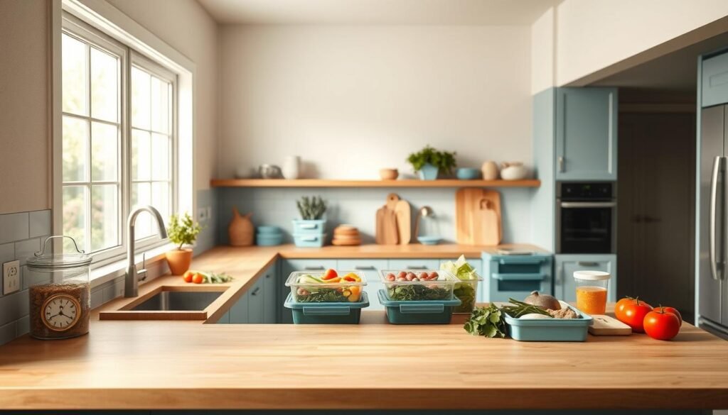 a minimalist kitchen interior with wooden countertops and light blue accents, featuring various meal prep containers, cutting boards, and fresh ingredients arranged neatly on the counter. the scene is illuminated by soft natural lighting from a large window, creating a warm and inviting atmosphere. the layout suggests efficient organization and customizable cold lunch options, reflecting the benefits of personalized meal planning.