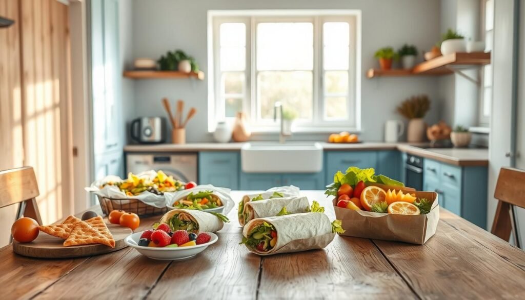 a minimalist kitchen with light blue accents and warm wooden textures, featuring a selection of quick and easy cold lunch ideas neatly arranged on a rustic wooden table. The scene is brightly lit, with natural light filtering in through large windows, creating a cozy and inviting atmosphere. The focus is on a variety of healthy, portable meal options, such as fresh salads, wraps, and vibrant fruit and vegetable snacks, all strategically positioned to showcase their color, texture, and visual appeal. The image conveys a sense of simplicity, convenience, and a commitment to mindful, portion-controlled eating for weight loss.