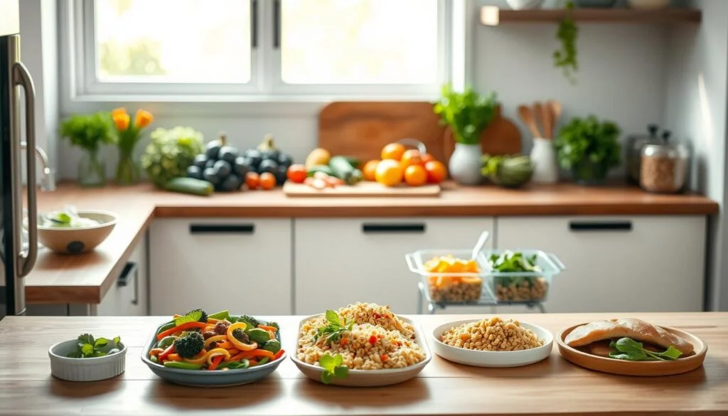 a minimalist kitchen with wooden countertops, white walls, and light blue accent details. On the counter, an assortment of fresh produce, a cutting board, and various cooking utensils are neatly arranged. The lighting is soft and natural, creating a warm, inviting atmosphere. In the foreground, several simple, quick meal prep recipes are displayed, featuring a variety of healthy, protein-rich ingredients such as vegetables, grains, and lean meats. The overall scene conveys a sense of efficiency, productivity, and ease, perfectly capturing the 