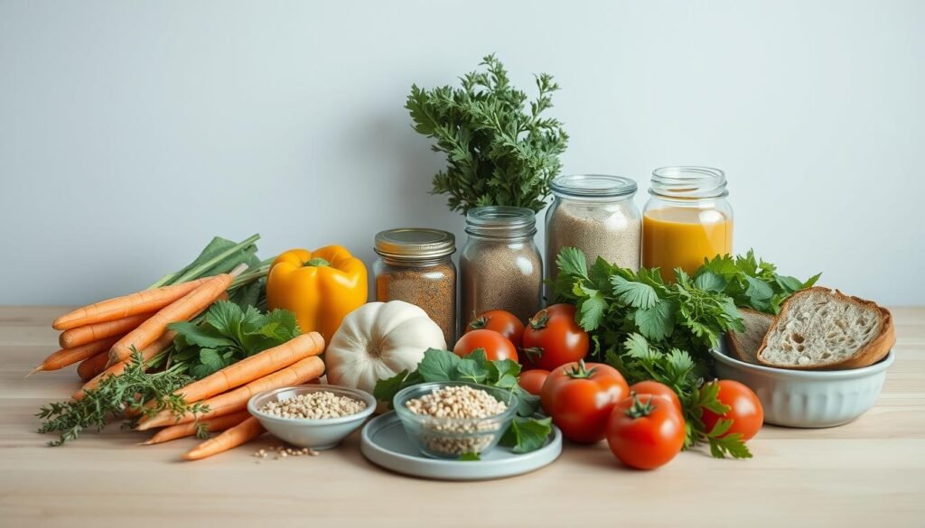 a minimalist still life composition of meal planning ingredients arranged on a light wood table with a soft, even lighting and a pale blue wall in the background. the scene features a variety of fresh produce such as carrots, bell peppers, leafy greens, tomatoes, and herbs. complementing the vegetables are jars of spices, a small glass bowl filled with grains, and a simple ceramic plate with a few slices of a crusty artisanal bread. the overall atmosphere is one of simplicity, organization, and a sense of culinary potential, reflecting the "planning your cold lunch menu" theme.