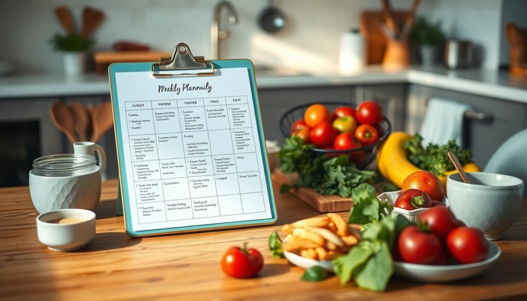 a minimalist weekly meal planning schedule laid out on a wooden table, with a light blue clipboard holding a paper filled with meal ideas, surrounded by fresh vegetables, fruits, and kitchen utensils in a cozy, inviting kitchen setting with warm, soft lighting and natural textures, creating a serene and organized atmosphere for planning a week's worth of nourishing, anti-inflammatory office meals