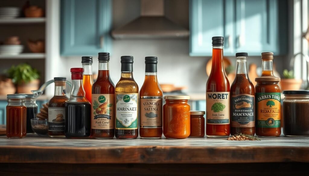 a mouth-watering display of various marinades and sauces arranged artfully on a rustic wooden surface, with a backdrop of a cozy, minimalist kitchen featuring light blue accents and warm, natural tones. The bottles and jars are captured in a soft, diffused light, showcasing the rich colors and textures of the flavorful condiments. The composition exudes a sense of culinary sophistication and invites the viewer to imagine the delicious possibilities of elevating their weeknight dinners.