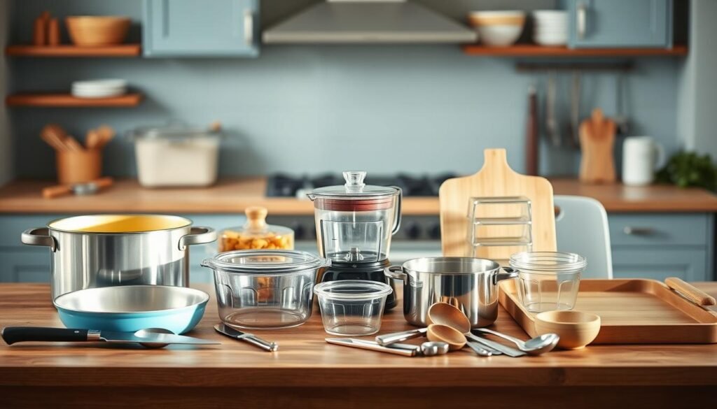 a neatly arranged collection of essential batch cooking tools on a wooden table in a cozy, minimal kitchen with light blue accents. the tools include a large soup pot, a set of glass meal prep containers, a food processor, a dutch oven, a set of high-quality knives, a wooden cutting board, a baking sheet, and various measuring cups and spoons. the lighting is soft and natural, highlighting the textures and colors of the tools. the scene conveys a sense of organization and preparedness for successful batch cooking and meal storage.