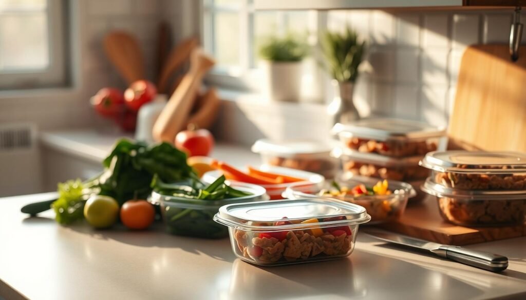 a neatly organized kitchen counter with fresh vegetables, containers of pre-cooked meals, and a cutting board with a knife, all bathed in warm, natural lighting streaming through a window. The scene conveys the benefits of meal prep - increased time efficiency, healthier eating, and reduced stress during busy weekdays. The layout is clean and minimal, with a focus on the essential tools and ingredients for meal preparation. The overall mood is one of calm, productivity, and a sense of control over one's daily routine.