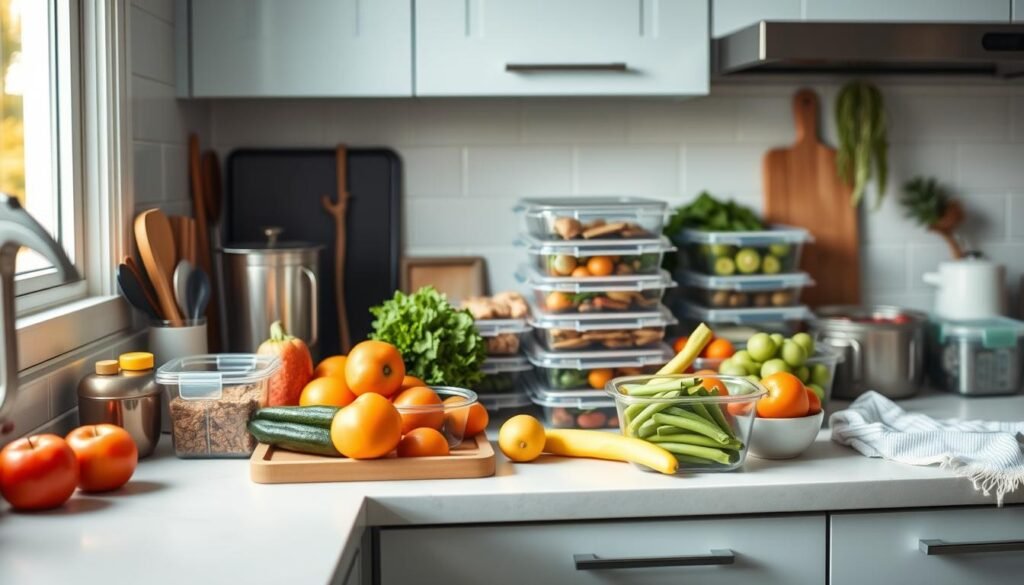 a neatly organized kitchen counter with various meal prep containers, fresh produce, and kitchen tools arranged in a visually appealing manner, with a minimalist, light blue color scheme and warm, natural lighting from a window, capturing the essence of simple yet effective meal planning strategies for busy professionals