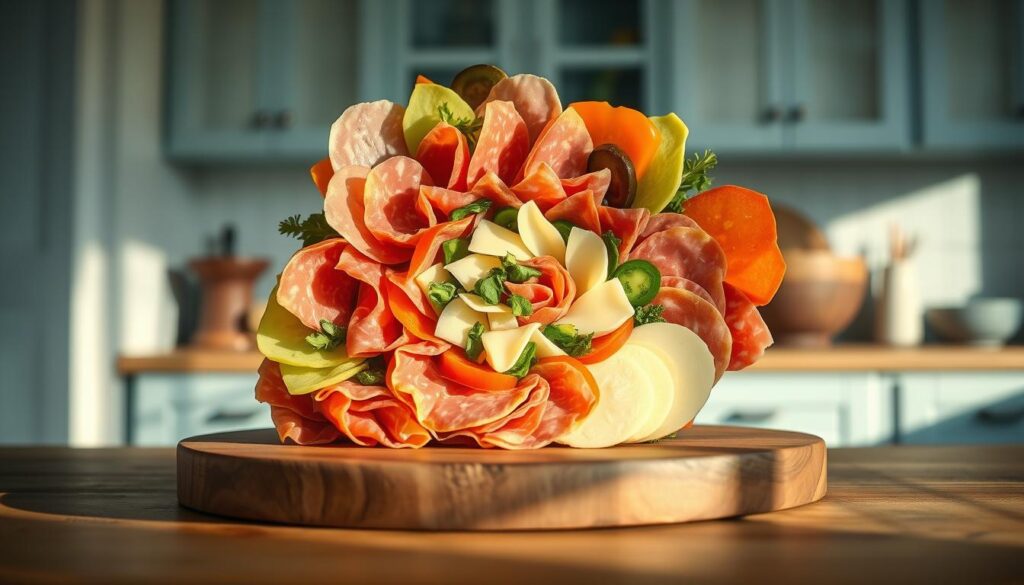 a party pinwheel presentation with sliced deli meats, cheeses, and fresh veggies arranged in a colorful spiral on a wooden serving board in a cozy, minimal kitchen with light blue accents. the pinwheel is beautifully lit from the side, highlighting the textures and colors, casting warm shadows across the wooden surface. the overall mood is relaxed and inviting, perfect for serving guests at a casual lunch or party.