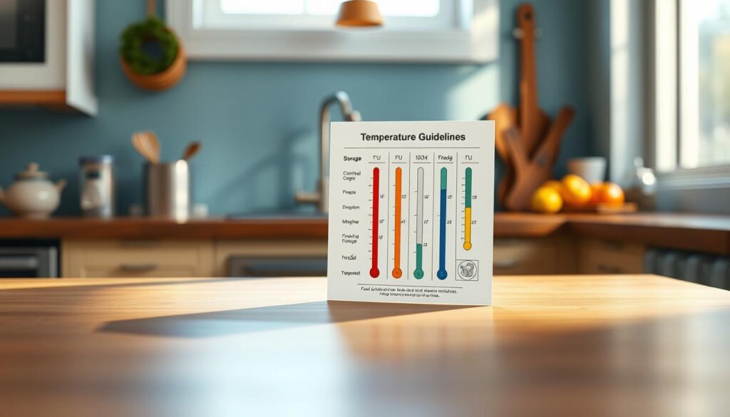 a photorealistic illustration of a wooden kitchen counter with a light blue accent wall in the background, featuring a set of food safety temperature guidelines displayed on a white laminated card, with clear temperature zones and icons indicating the ideal storage conditions for different types of perishable foods, the card casting a soft shadow on the counter surface, creating a sense of depth and dimension, the lighting natural and warm, creating a cozy and inviting atmosphere, no human hands visible.