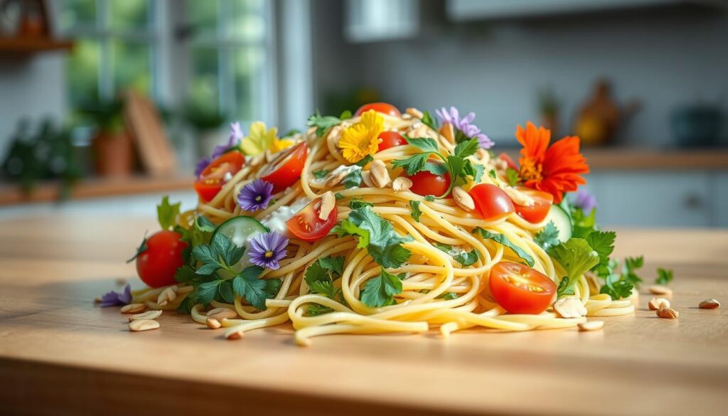 a pristine, wooden kitchen counter, bathed in soft, natural light from large windows. Atop the surface, an artful arrangement of vibrant, fresh ingredients - a tangle of tender pasta noodles, crisp vegetables like cherry tomatoes, sliced cucumber, and a medley of green herbs. A light, creamy dressing glistens over the salad, complemented by a sprinkle of toasted, flaked almonds and a scattering of bright, edible flowers. The overall composition exudes a sense of purity, simplicity, and the bounty of a well-stocked pantry, ready to be transformed into a delightfully refreshing cold lunch.