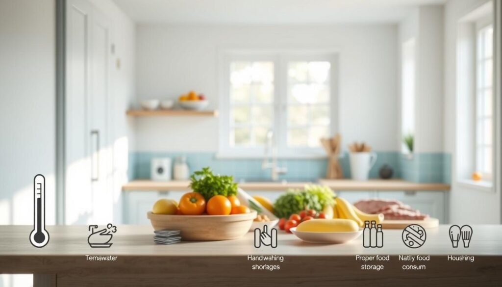 a serene, minimalist kitchen with light blue accents, wooden textures, and a clean, airy atmosphere. In the foreground, various food safety guidelines are depicted through simple illustrations - a thermometer measuring temperature, a handwashing diagram, and icons representing proper food storage and handling. The middle ground showcases fresh ingredients like vegetables, fruits, and meats, emphasizing the importance of using high-quality, safe-to-consume products. The background features a soft, natural light filtering through windows, creating a warm, inviting ambiance conducive to preparing a nourishing, hygienic cold lunch.