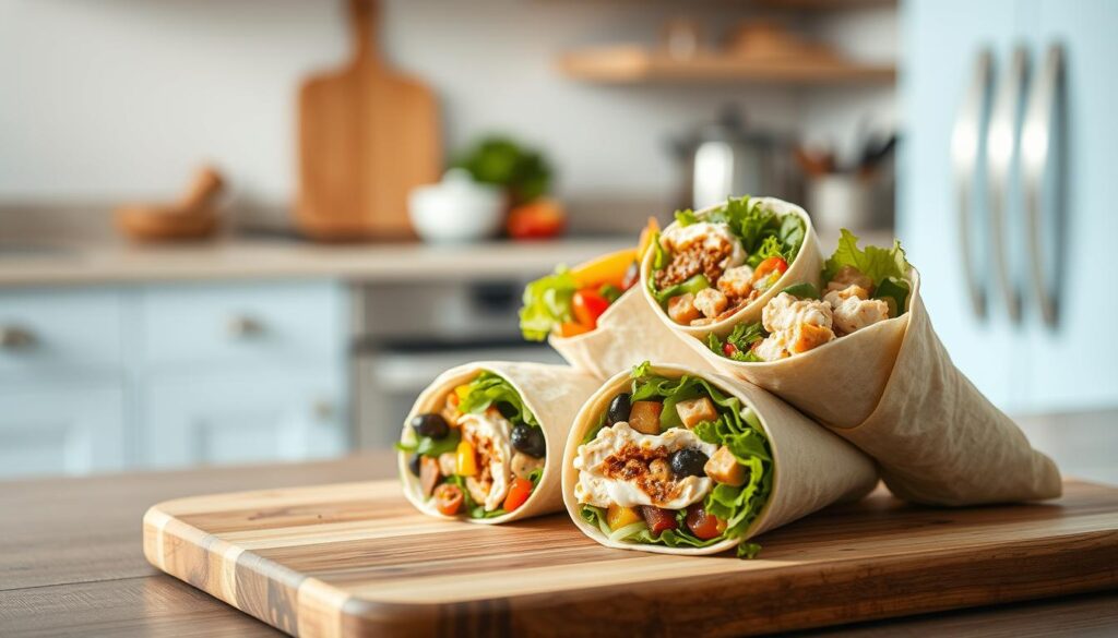 a series of three freshly made, colorful, and neatly arranged packable lunch wraps, presented on a wooden cutting board in a cozy, minimalist kitchen with light blue accents. The wraps feature a variety of fillings such as crisp vegetables, lean proteins, and flavorful spreads, showcasing a balance of textures and flavors. The scene is illuminated by natural lighting, captured from a slightly elevated angle to highlight the appetizing details of the wraps. The atmosphere conveys a sense of simplicity, wholesome nourishment, and on-the-go convenience.