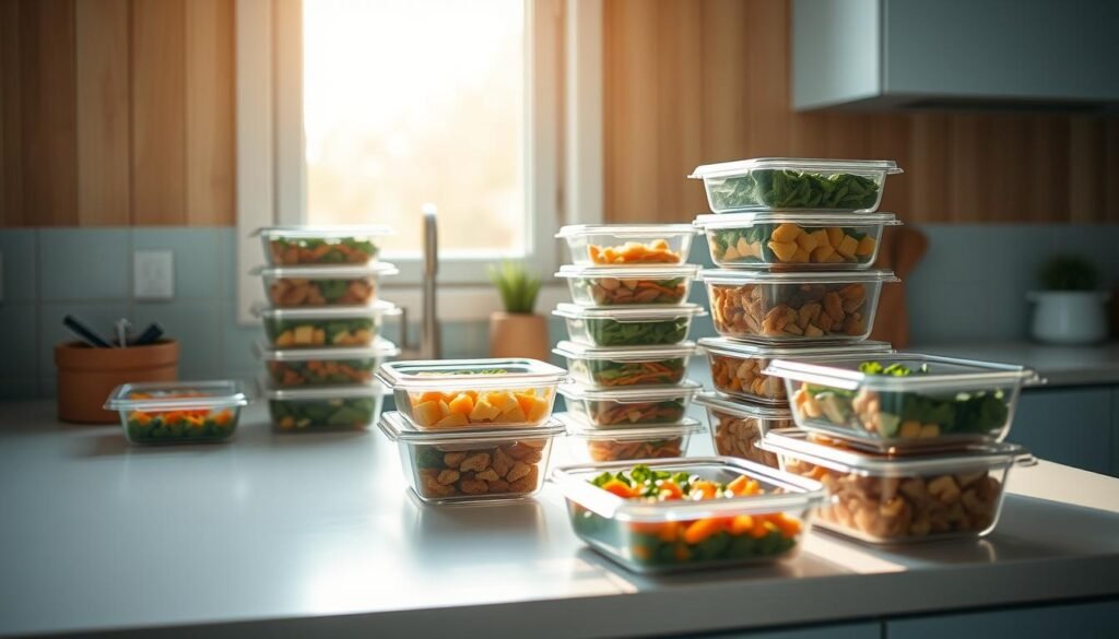 a set of organized meal prep containers in a cozy, minimal kitchen with wooden textures and light blue accents. the containers are neatly stacked and arranged on a sleek countertop, displaying a variety of healthy, colorful meals. natural light filters in through a window, casting a warm glow over the scene. the layout is clean and well-organized, reflecting a sense of preparedness and attention to detail. the overall mood is calm, serene, and inspiring, setting the stage for a successful meal prep session.